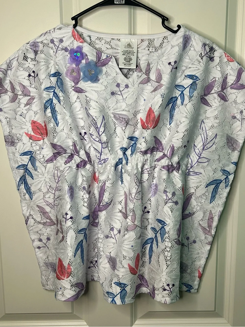 Disney White Eyelet Top with Purple, Blue & Coral Floral Accents Kaftan sleeves